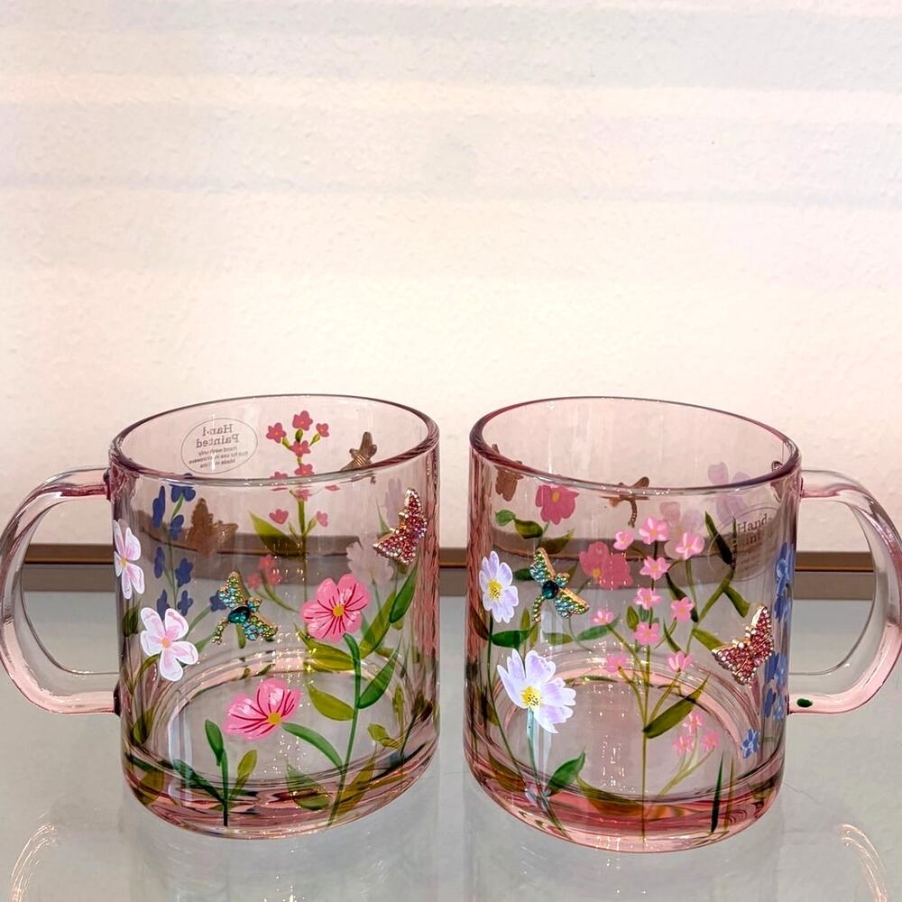 2pc Hand Painted & Jeweled Glass Mugs Multicolored Floral Butterfly NEW - Picture 5 of 15